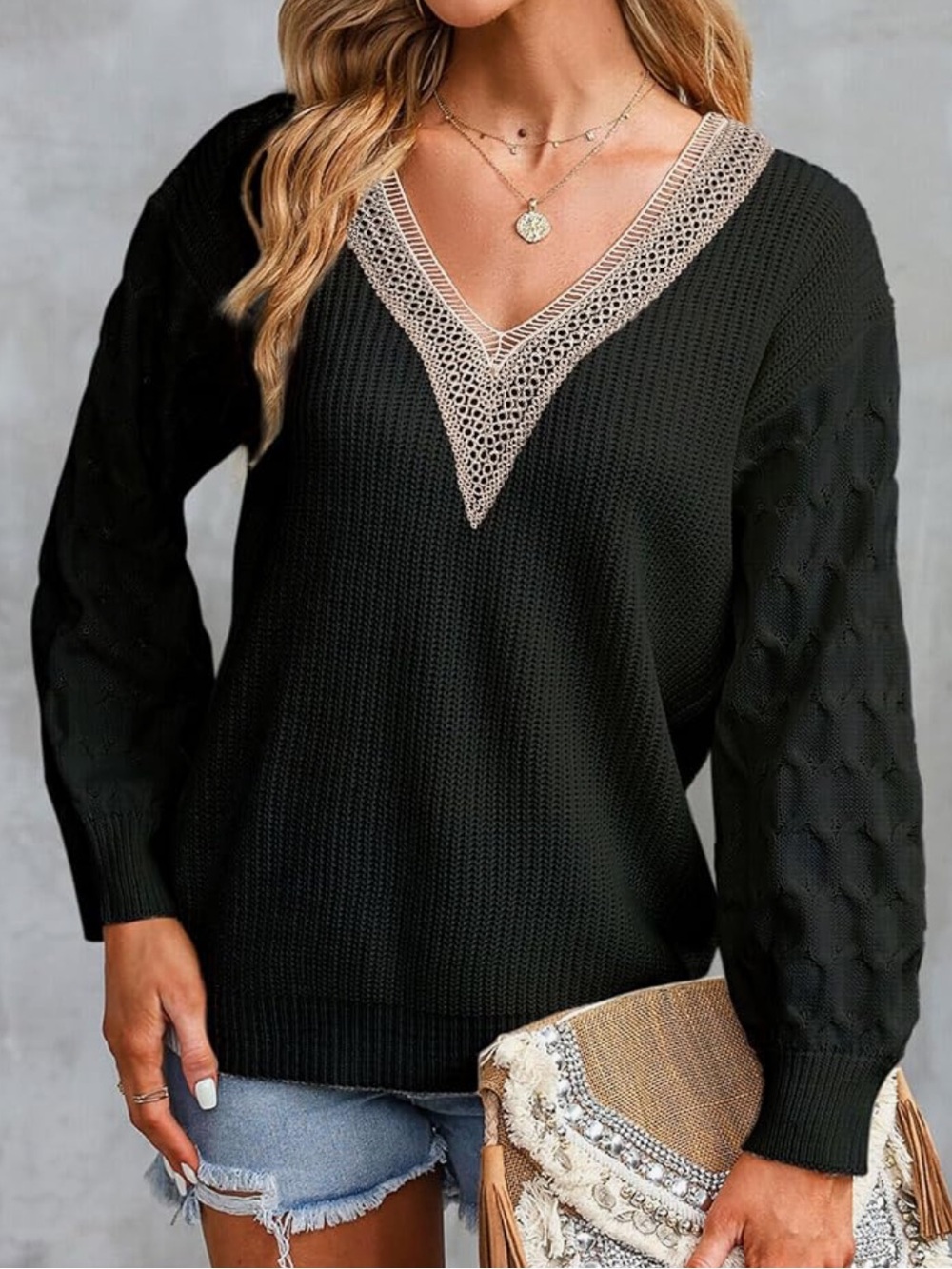 V-Neck Black Sweater with Lace Trim